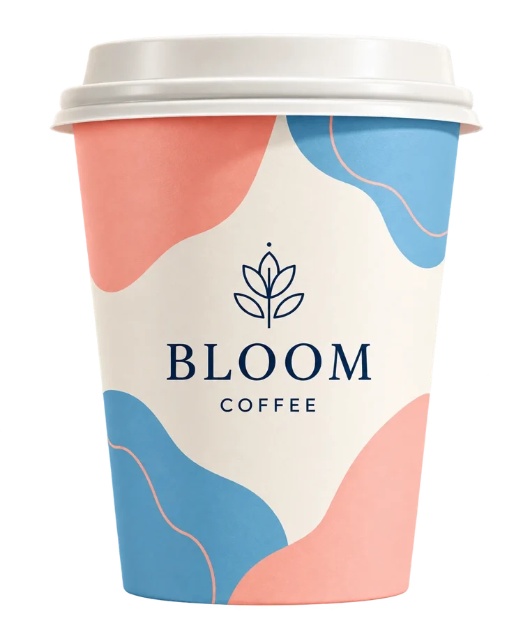 Coral and blue custom printed cup for Bloom Coffee