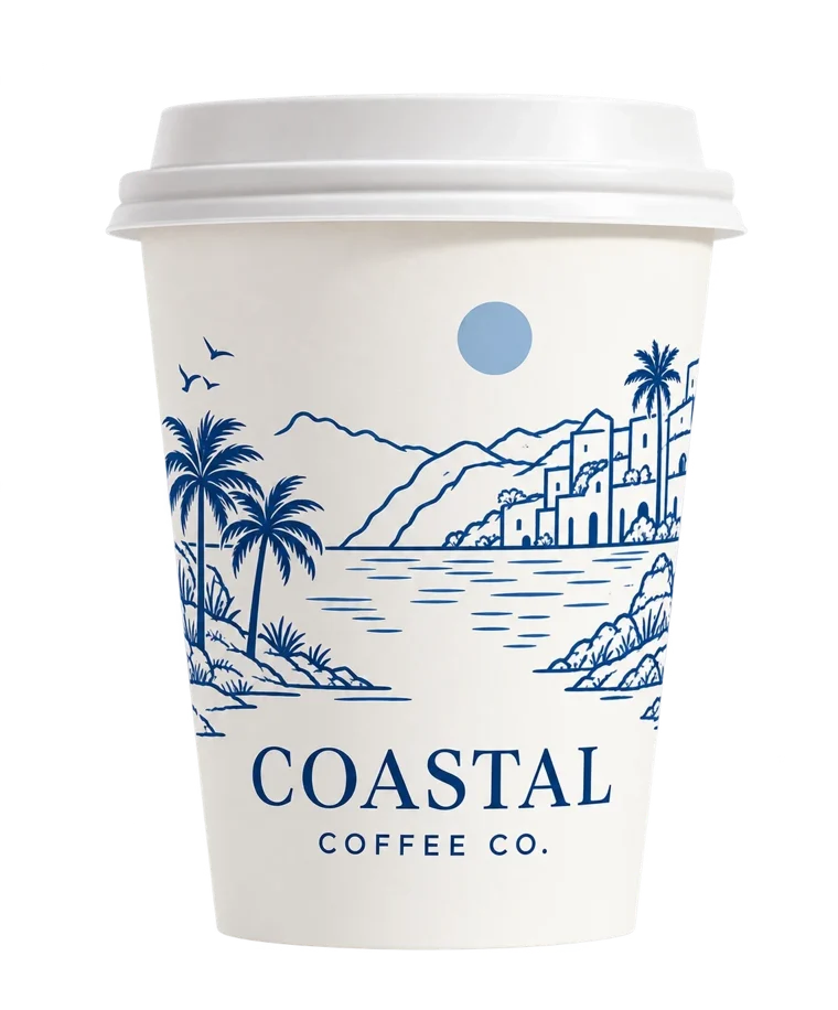 Custom printed white cup with a blue coastal illustration for Coastal Coffee Co.