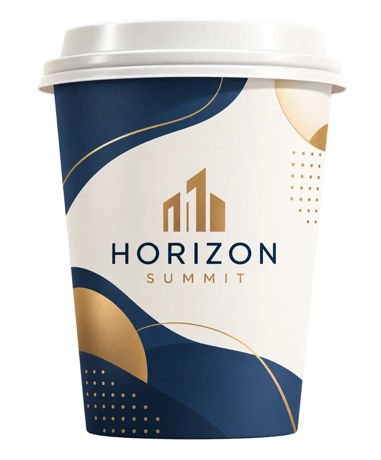 Navy and gold custom printed cup for Horizon Summit