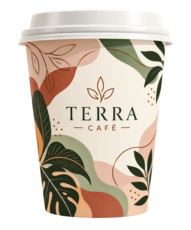 Botanical custom printed cup for Terra Café